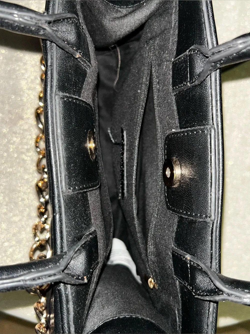 Black Quilted Top-Handle Tote with Gold Chain Accent